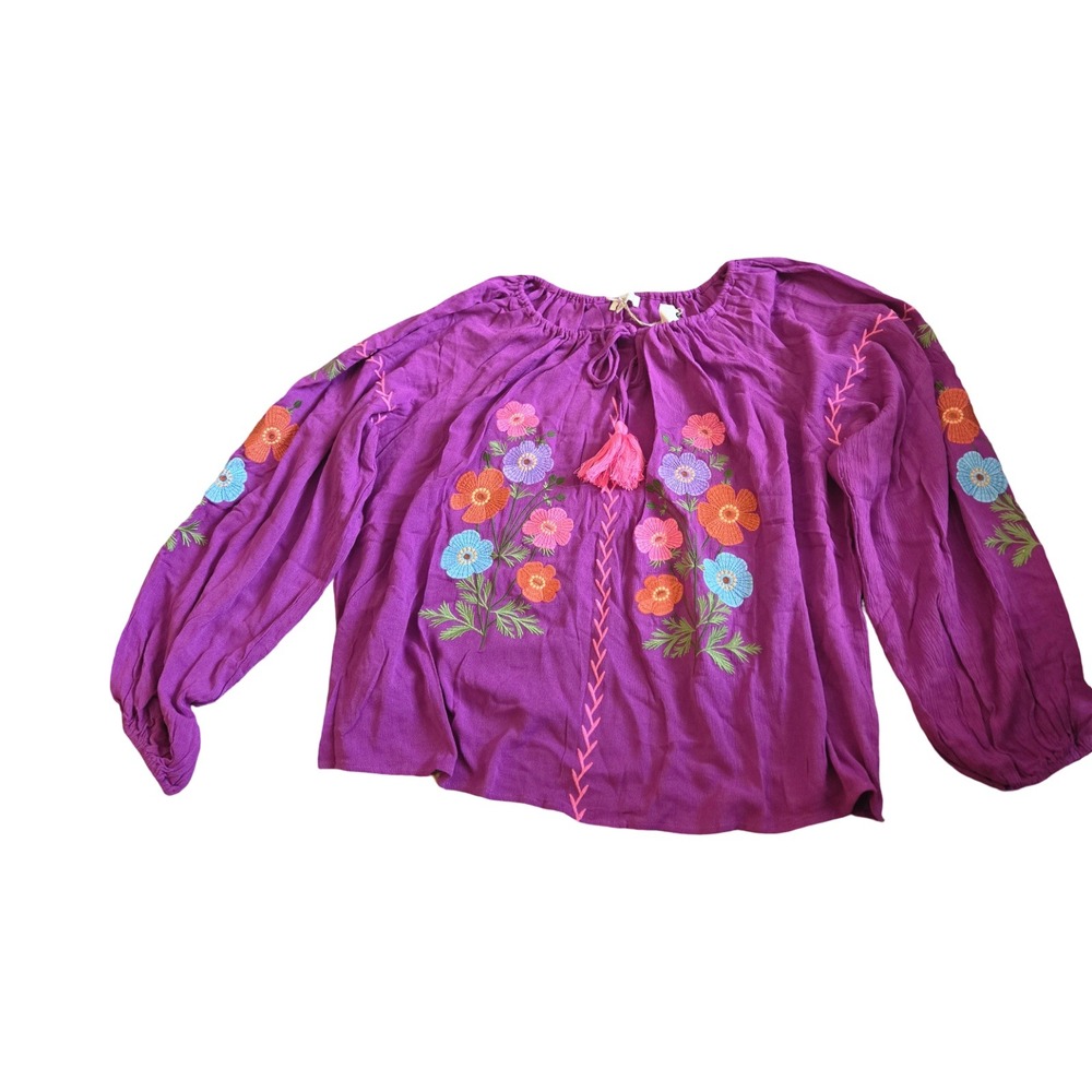 Easel Los Angeles Purple Floral Embroidered Tassel Peasant Blouse Medium